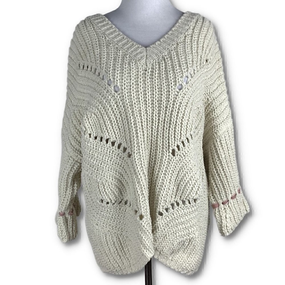 POL Womens sweater size L cream pink open knit chunky v-beck - Picture 12 of 12